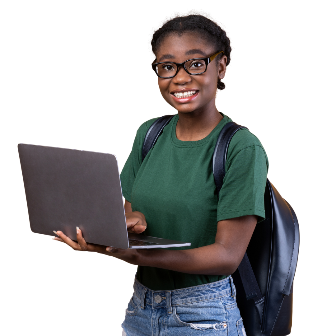 student with laptop and backpack smiling