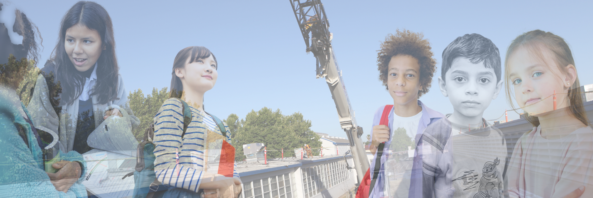 students and construction crane
