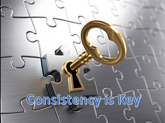 Video 2: Consistency is the Key, A large key going into a lock which is a piece in a whole puzzle.  All Puzzle pieces are a plain sliver color.   