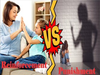 Video 3 Reinforcement vs Punishment; Mom and Daughter high fiving on the left with a big VS thunder bolt in the middle of the picture.  Then on the right a young girl curled up into a ball, burying her face into her legs with a big shadow on the back wall with its index finger up.