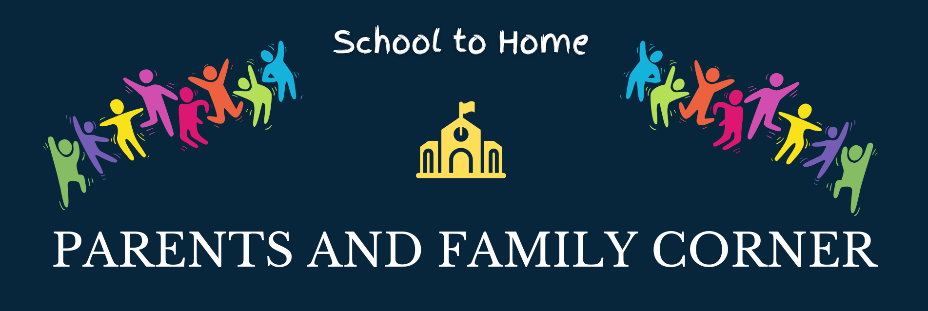 parents and family corner banner with clipart school house and colorful people
