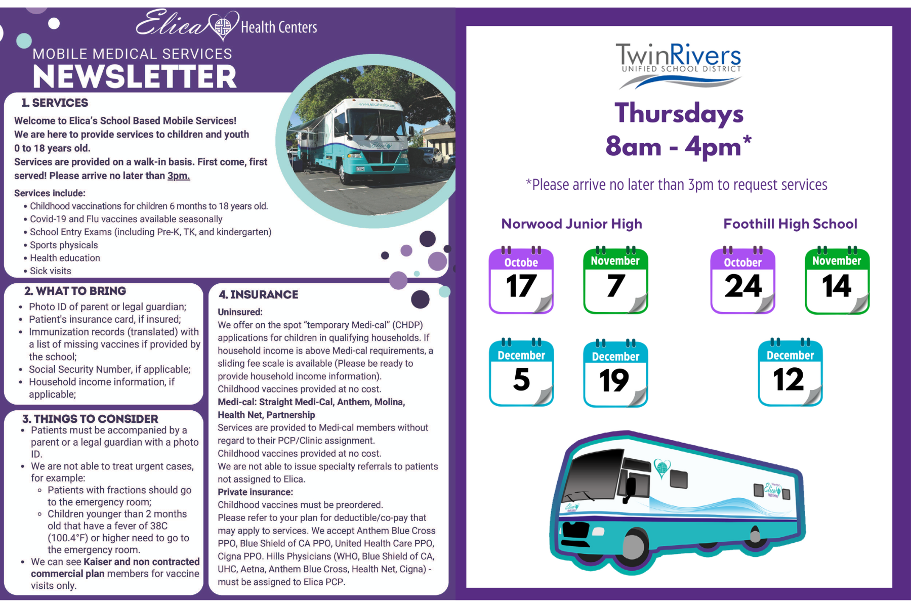 A flyer about Elica services and their schedule with TRUSD