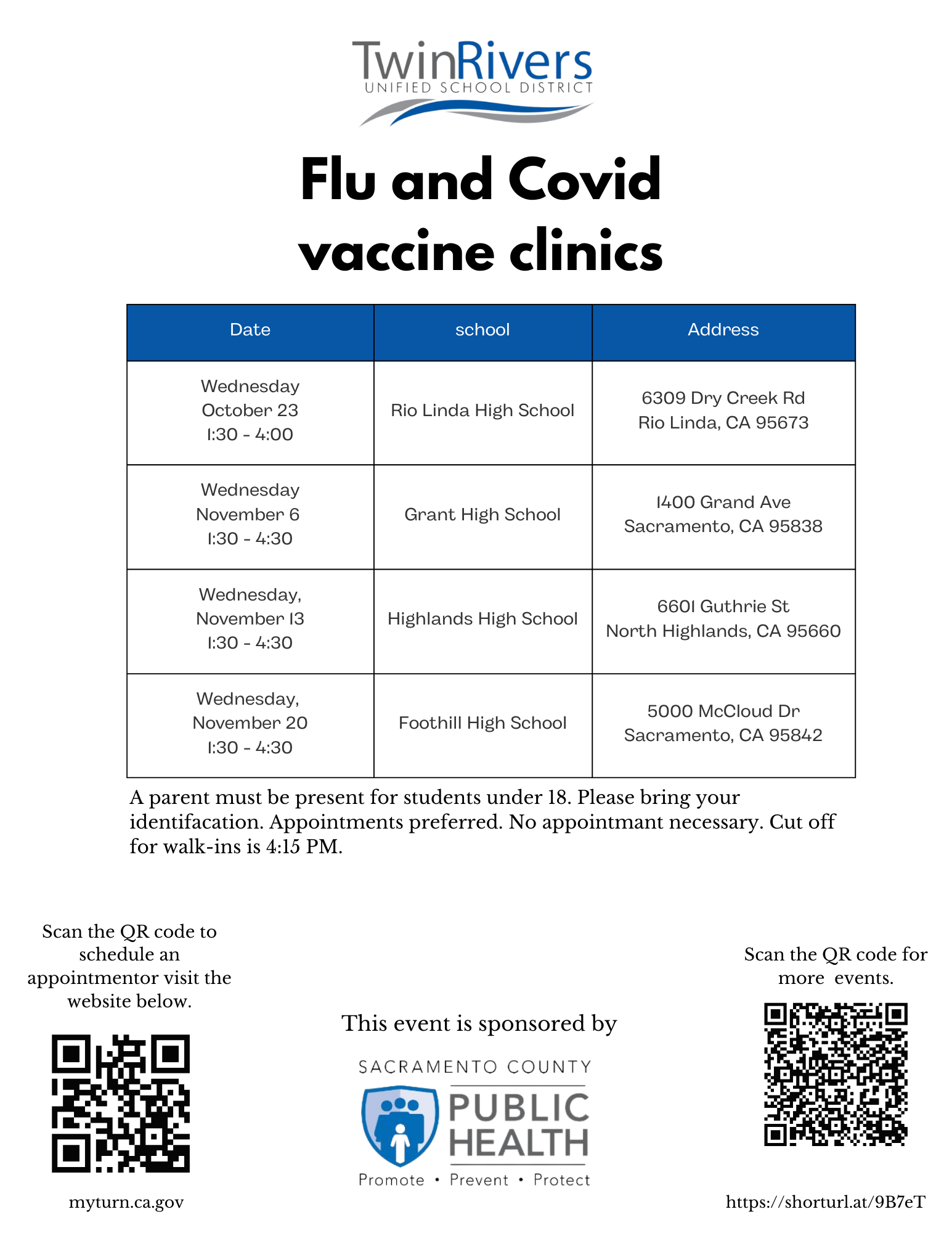 Schedule of upcoming Flu and Covid Vaccines. PDF version are available to download